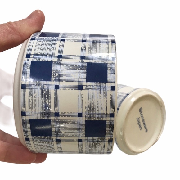 Vintage MCM Stoneware Cream & Sugar Set Japan Blue Plaid - Picture 7 of 7